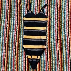 Scotch&Soda Bamboo Striped V Neck Bodysuit Black Yellow Medium